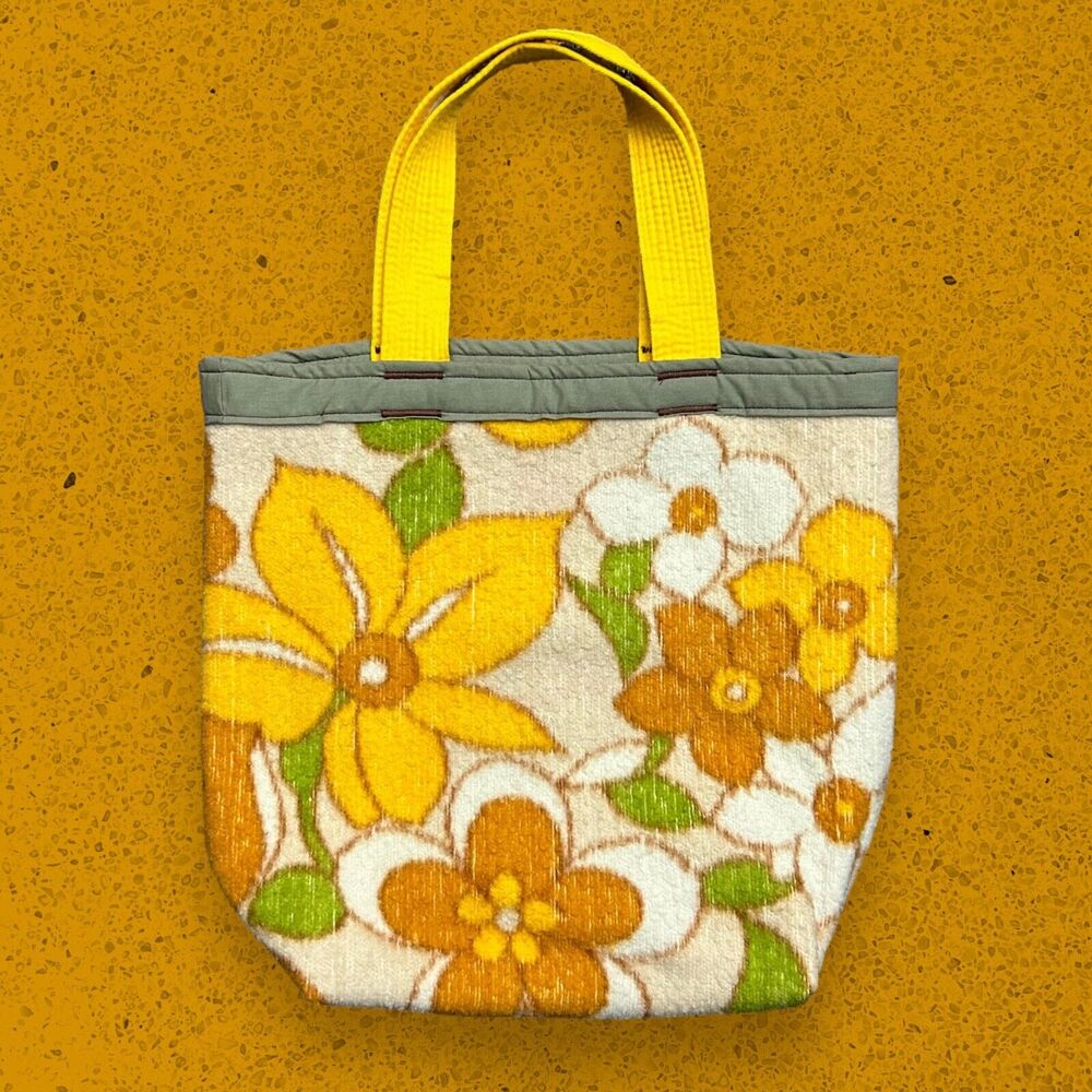 Handmade Hippie Flower Bag 60s 70s Floral Fleece Small Tote Bag Grocery Reusable